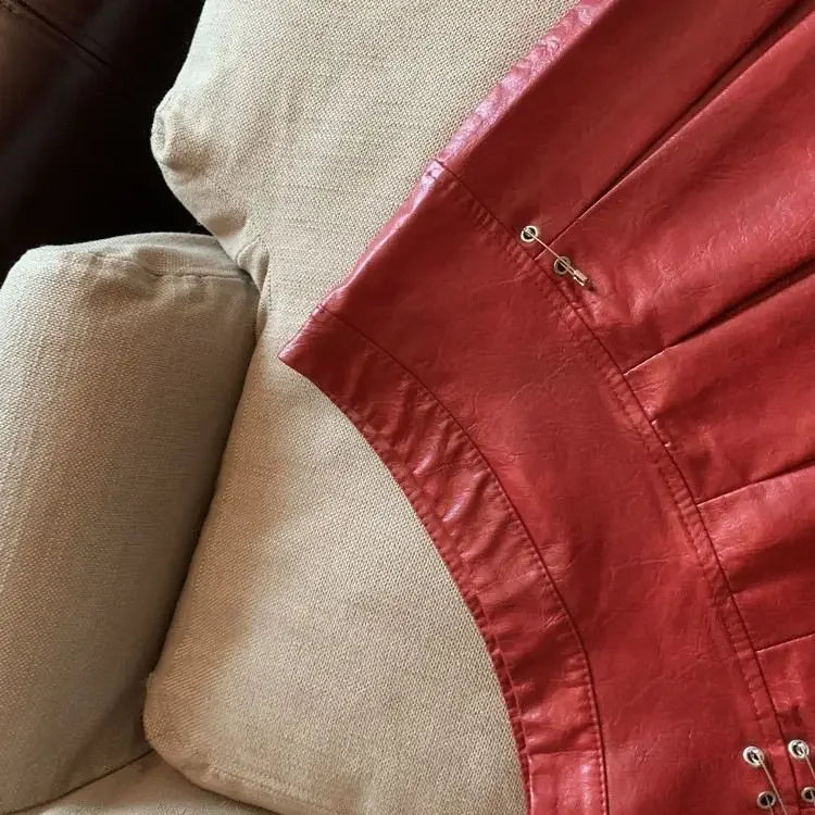 Falda Piel Plisada Mujer Mini - Falda Cuero PU Cintura Alta Roja Negra