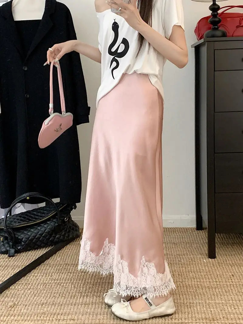 Falda Satén Mujer Larga Elegante - Falda Línea A Encaje Cintura Alta Verano