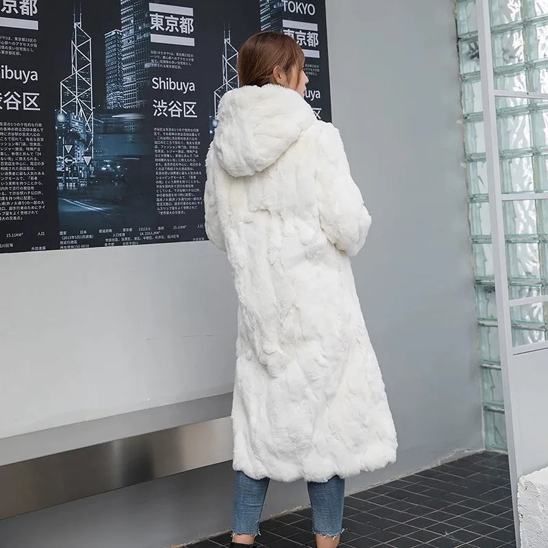 Abrigo Piel Conejo Mujer Capucha - Abrigo Real 110cm Largo Invierno