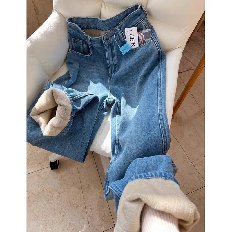 Vaqueros Mujer Forro Polar Invierno - Jeans Pierna Ancha Térmicos Gruesos