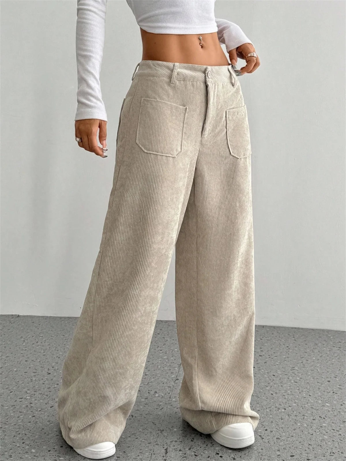 Pantalón Pana Mujer Pierna Ancha - Pantalón Cintura Alta Otoño
