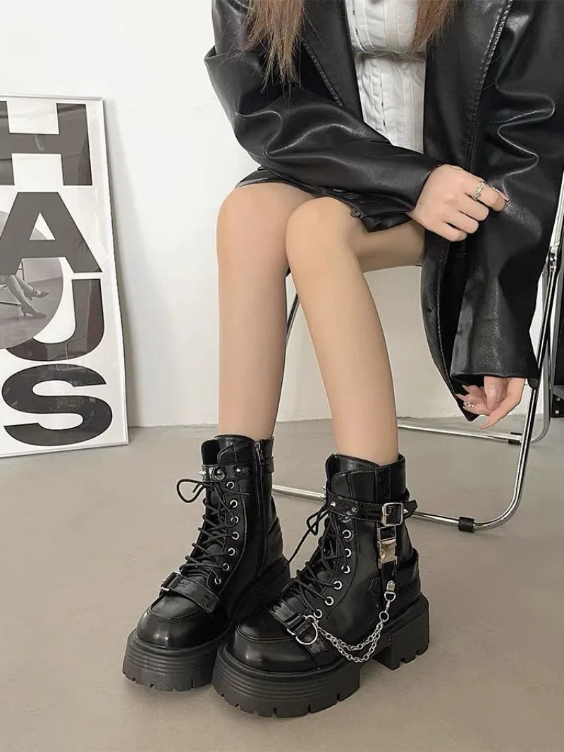 Botas Tobillo Mujer Gothic Plataforma - Diseñador Remaches Punk Motocicleta