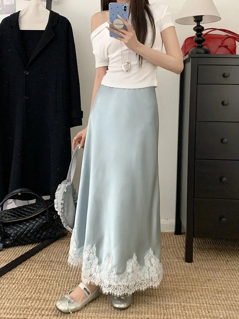 Falda Satén Mujer Larga Elegante - Falda Línea A Encaje Cintura Alta Verano