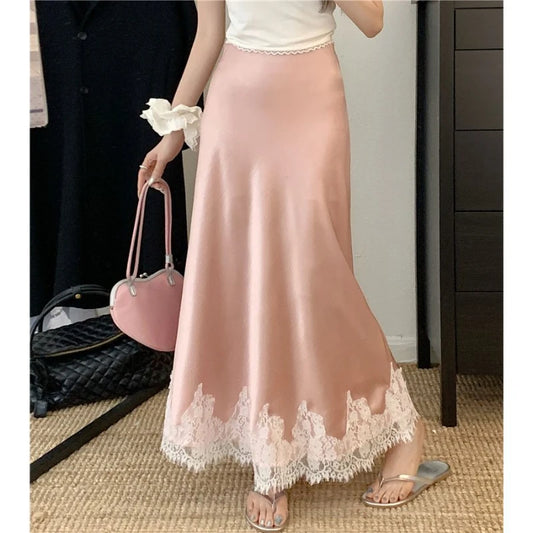 Falda Satén Mujer Larga Elegante - Falda Línea A Encaje Cintura Alta Verano