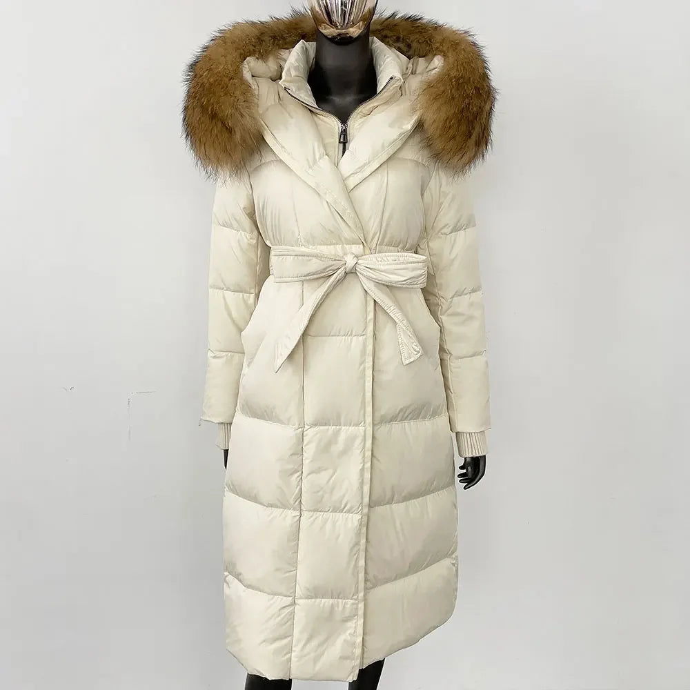 Abrigo Mujer Plumas Pato Piel Mapache - Chaqueta Larga Invierno Lujo