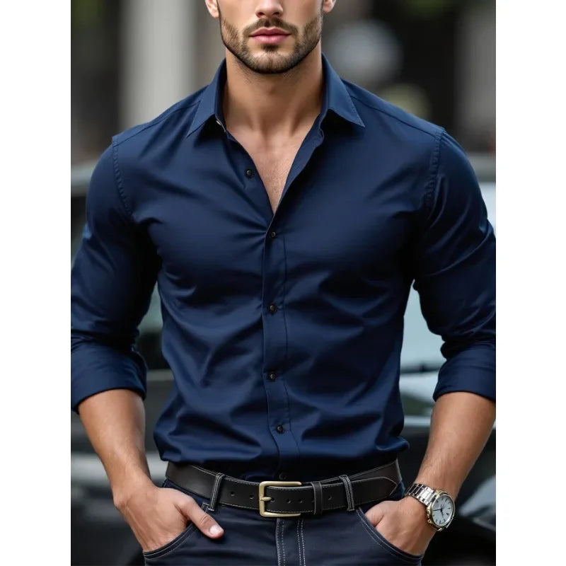 Camisa Formal Hombre Tejido Elástico | Manga Larga Elegante Oficina