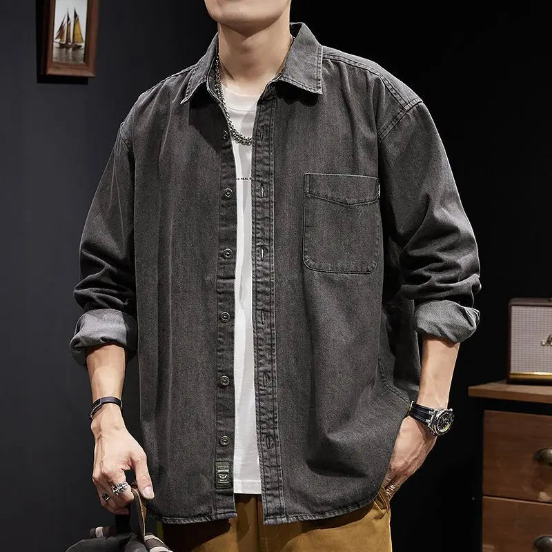Camisa Denim Hombre Retro Trabajo - Casual Chaqueta Primavera Otoño Azul Manga Larga
