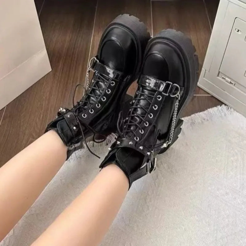 Botas Tobillo Mujer Gothic Plataforma - Diseñador Remaches Punk Motocicleta