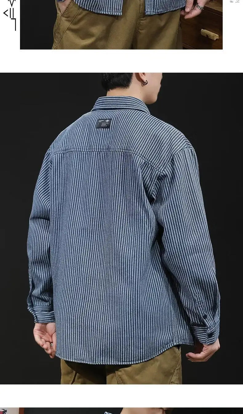 Camisa Denim Hombre Retro Trabajo - Casual Chaqueta Primavera Otoño Azul Manga Larga