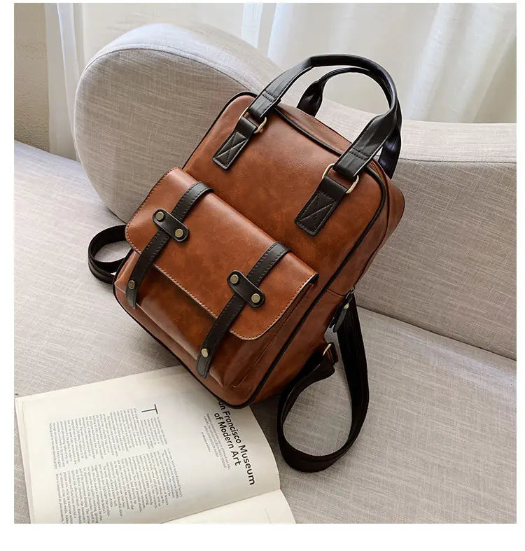 Mochila Cuero Juvenil Unisex - Alta Calidad Adolescentes Escolar Hombro Satchel Color Sólido