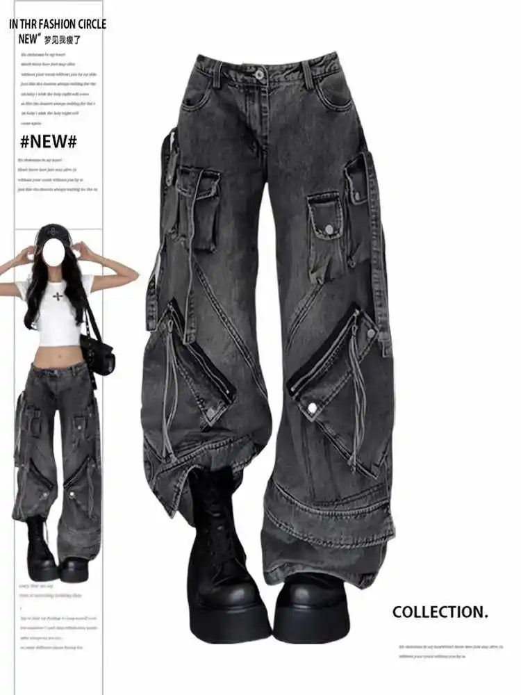 Jeans Cargo Mujer Negros - Pantalón Streetwear Y2K Pierna Ancha