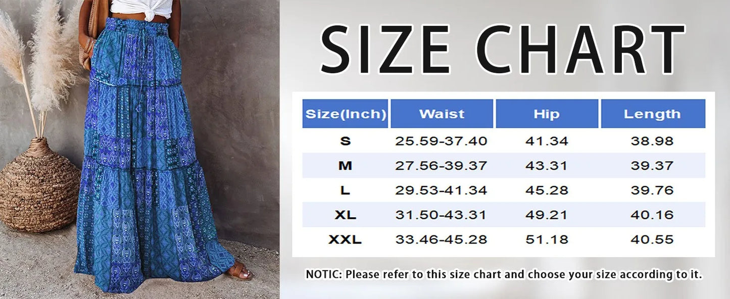 Falda Bohemia Mujer Larga Estampada - Falda Cintura Elástica Bolsillos Primavera