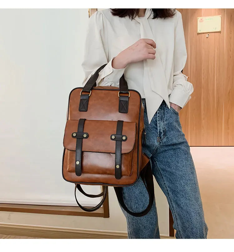 Mochila Cuero Juvenil Unisex - Alta Calidad Adolescentes Escolar Hombro Satchel Color Sólido