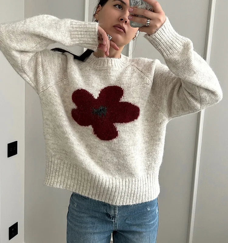 Jersey Mujer Invierno Flores Gris - Punto Holgado Cálido Vintage