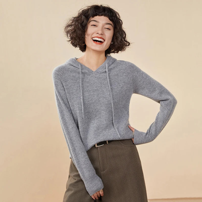 Sudadera Mujer Cashmere Capucha 100% - Pullover Punto Otoño Invierno Lujo