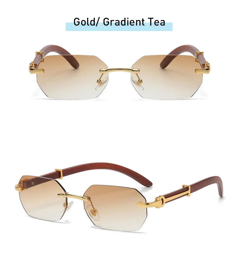 Gafas de Sol Retro Sin Montura Marco Madera - Rectangulares Vintage UV400