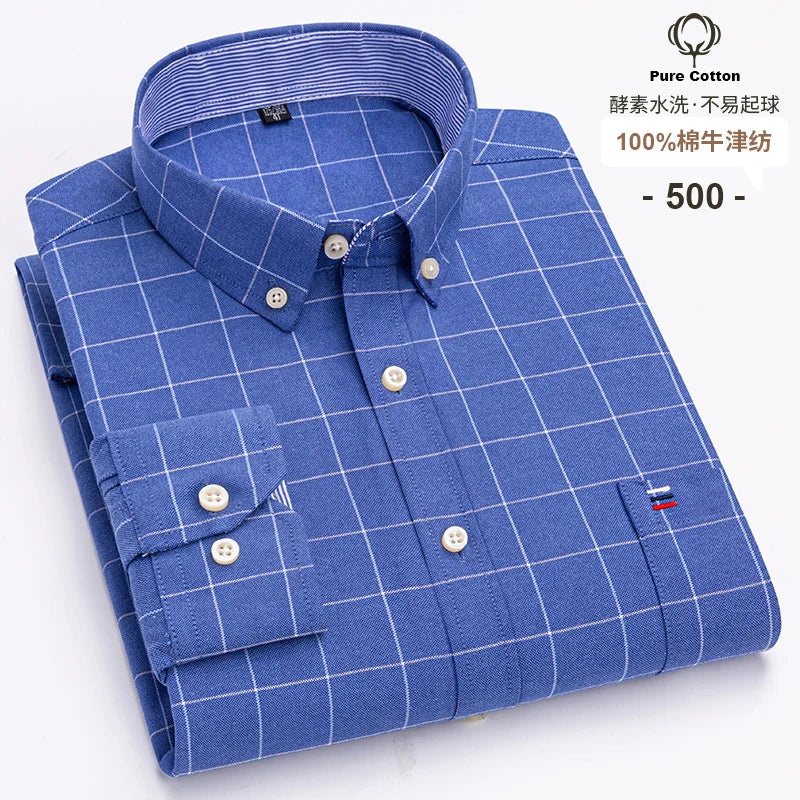Camisa Hombre Oxford 100% Algodón - Manga Larga Rayas Bolsillo Formal Tallas Grandes