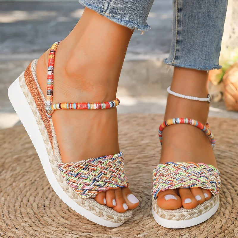 Sandalias Bohemias Mujer Cuña - Chanclas Playa Plataforma Tejidas Coloridas Talla Grande
