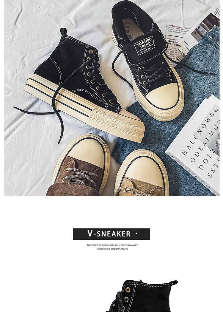 Sneakers Hombre Ante High-Top - Casual Vintage Marrón Botines Tobillo Suela Gruesa Tendencia Cordones