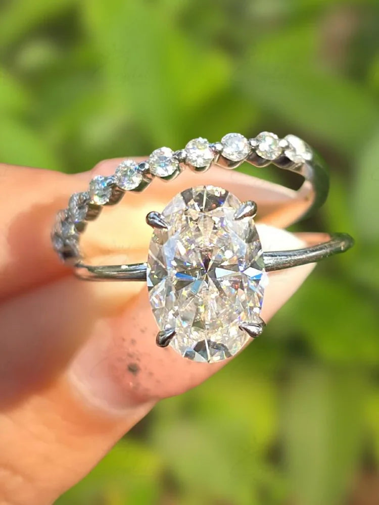 Anillo Plata 925 Oval Circonita - Set Apilable Boda Lujo Mujer