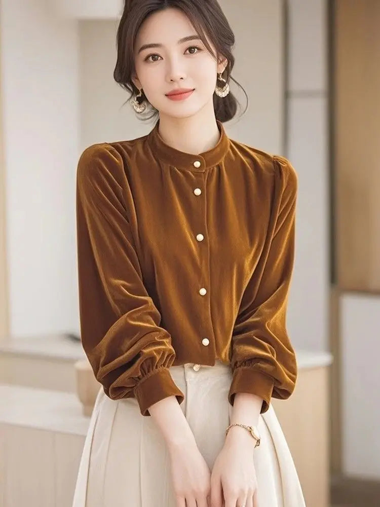 Top Terciopelo Mujer Temperamento - Top Diseño Francés Manga Larga 2025