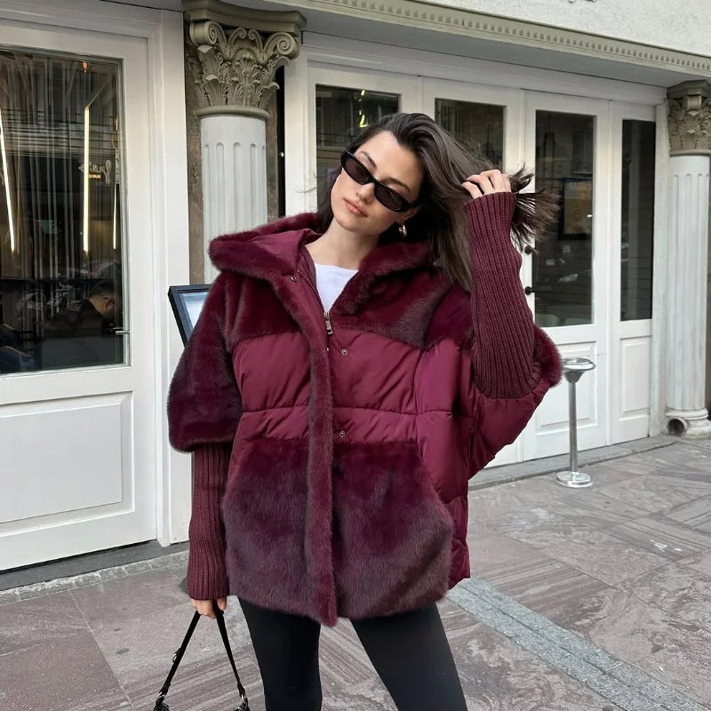 Abrigo Mujer Capucha Patchwork - Abrigo Manga Tejida Oversize 2025