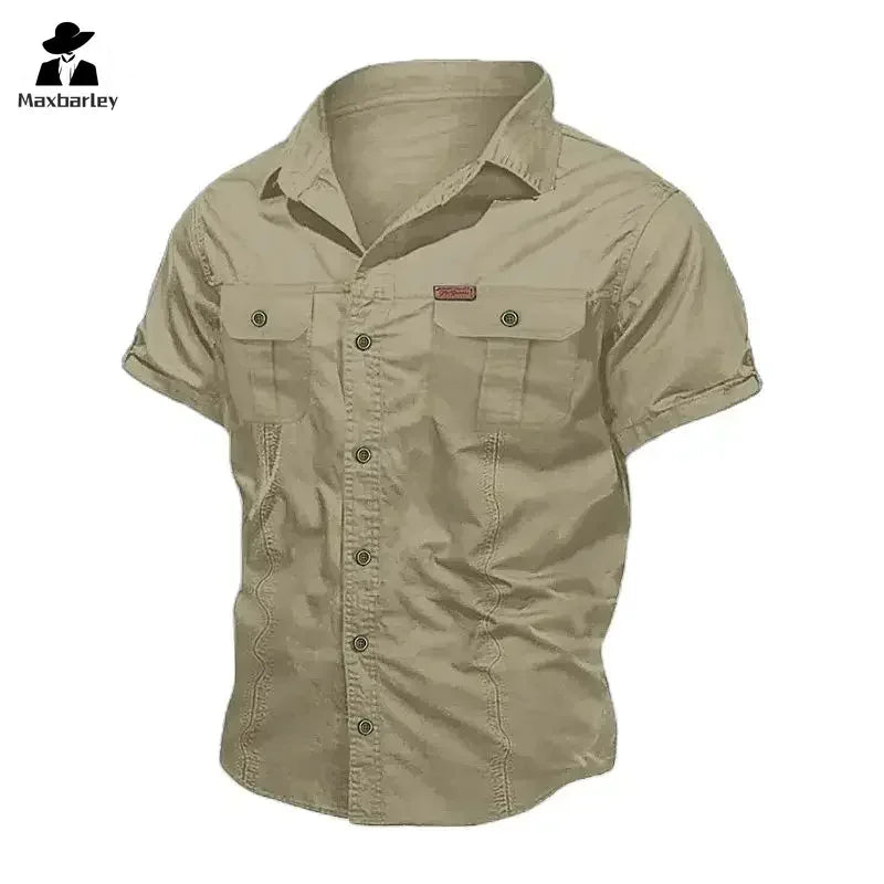 Camisa Hombre Trabajo Cargo 2025 - 100% Algodón Manga Corta Multi-Bolsillos Pesca Caza Verano