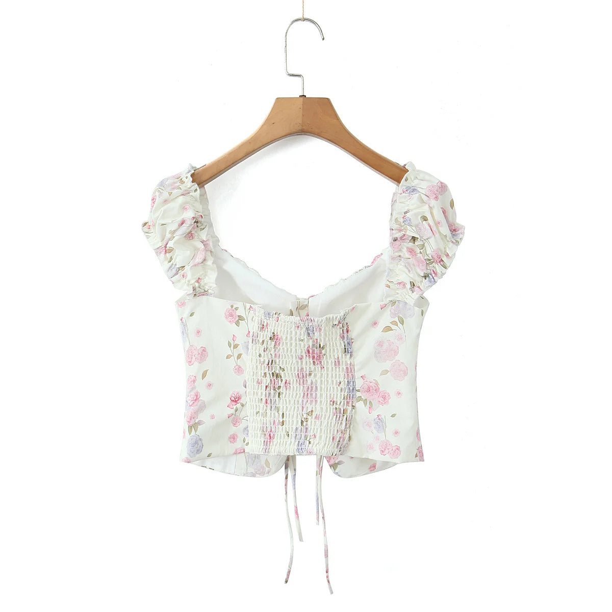 Top Crop Mujer Francés Floral - Top Cordones Cuello V Manga Corta Verano