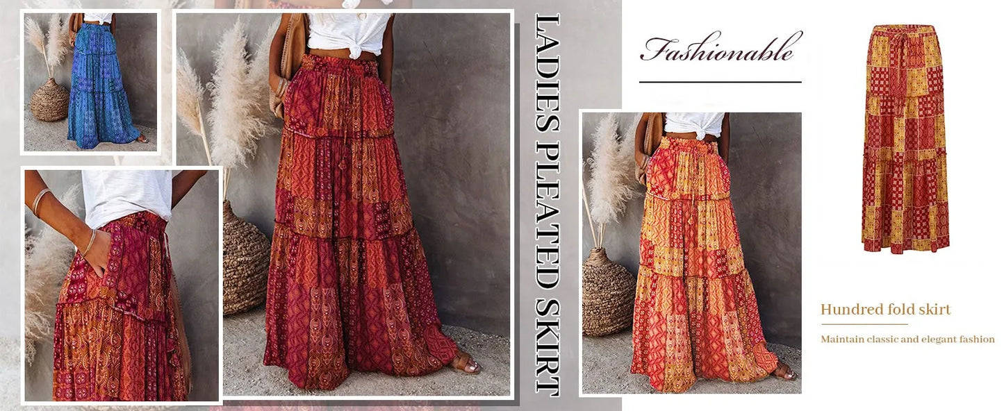 Falda Bohemia Mujer Larga Estampada - Falda Cintura Elástica Bolsillos Primavera