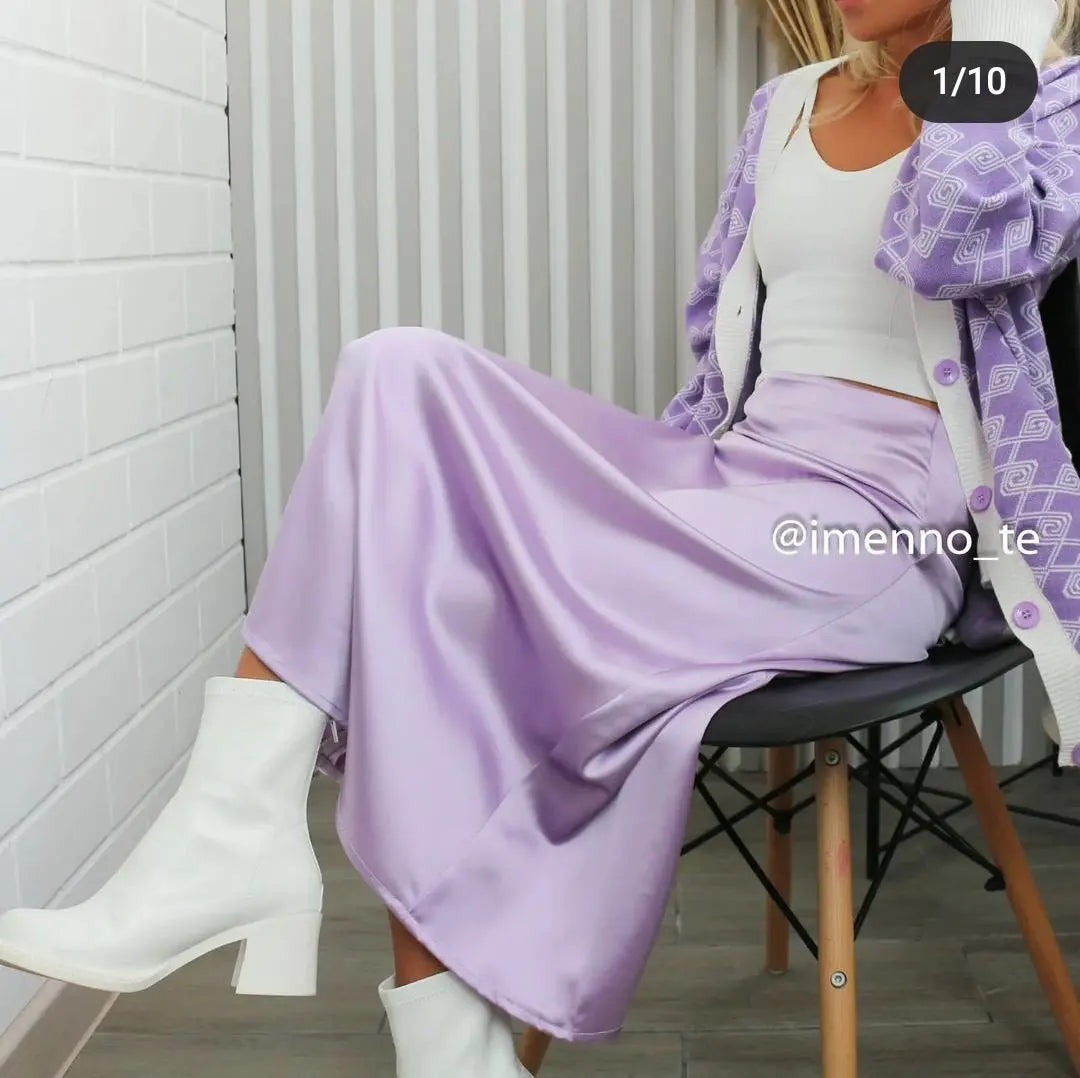 Falda Satén Mujer Púrpura Elegante - Falda Línea A Cintura Alta Fashion 2025