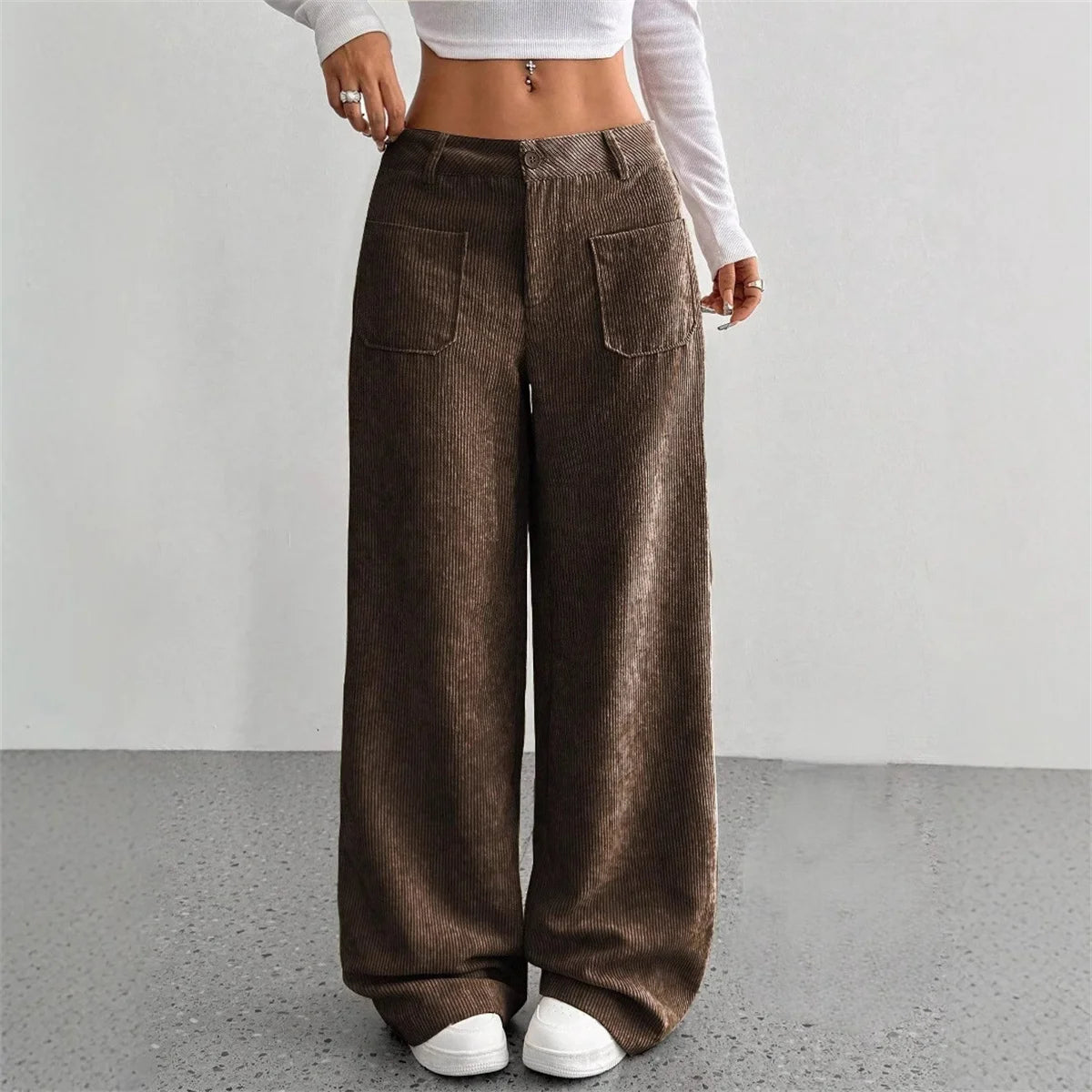 Pantalón Pana Mujer Pierna Ancha - Pantalón Cintura Alta Otoño
