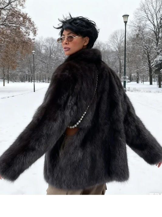 Abrigo Piel Mujer Marrón Medio - Abrigo Solapa Botón Oculto Elegante