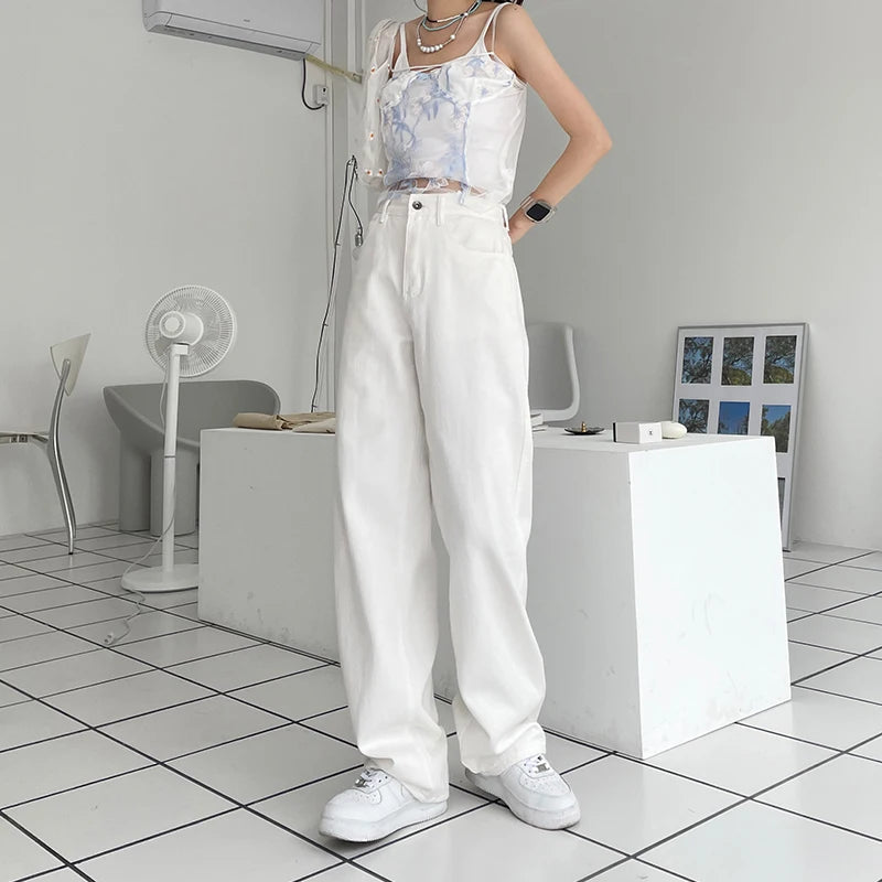 Jeans Blancos Mujer Pierna Ancha - Pantalón Mom Y2K Otoño