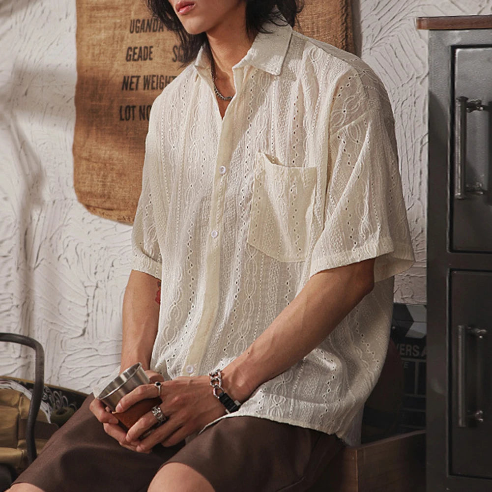 Camisa Hombre Casual Suelta Calada Manga Corta - Bolsillos Retro Fashion Vacaciones Diario