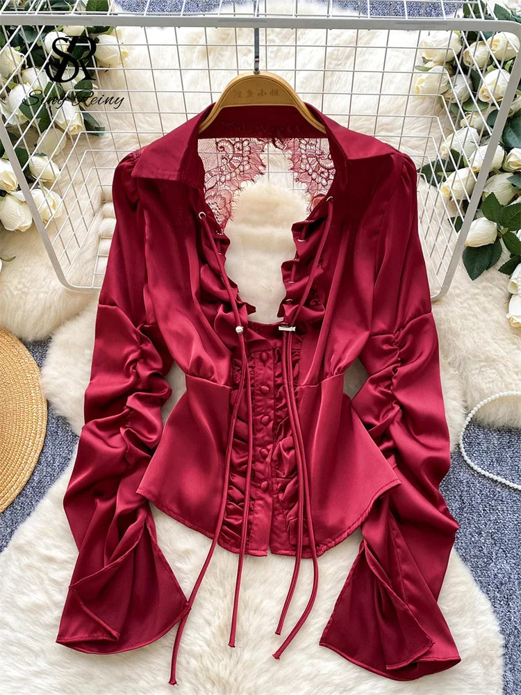 Blusa Mujer Sexy Encaje 2025 - Camisa Satén Cuello V Espalda Descubierta