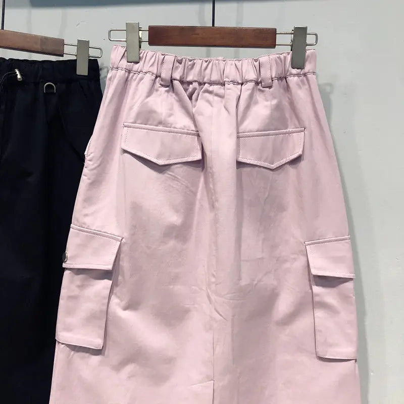 Falda Cargo Mujer Y2K Larga - Falda Bolsillos Cintura Elástica Negra