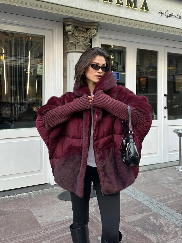 Abrigo Mujer Capucha Patchwork - Abrigo Manga Tejida Oversize 2025