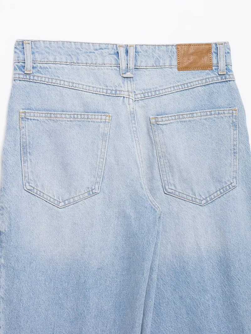 Jeans Baggy Mujer Pierna Ancha - Pantalón Denim Cintura Alta Azul