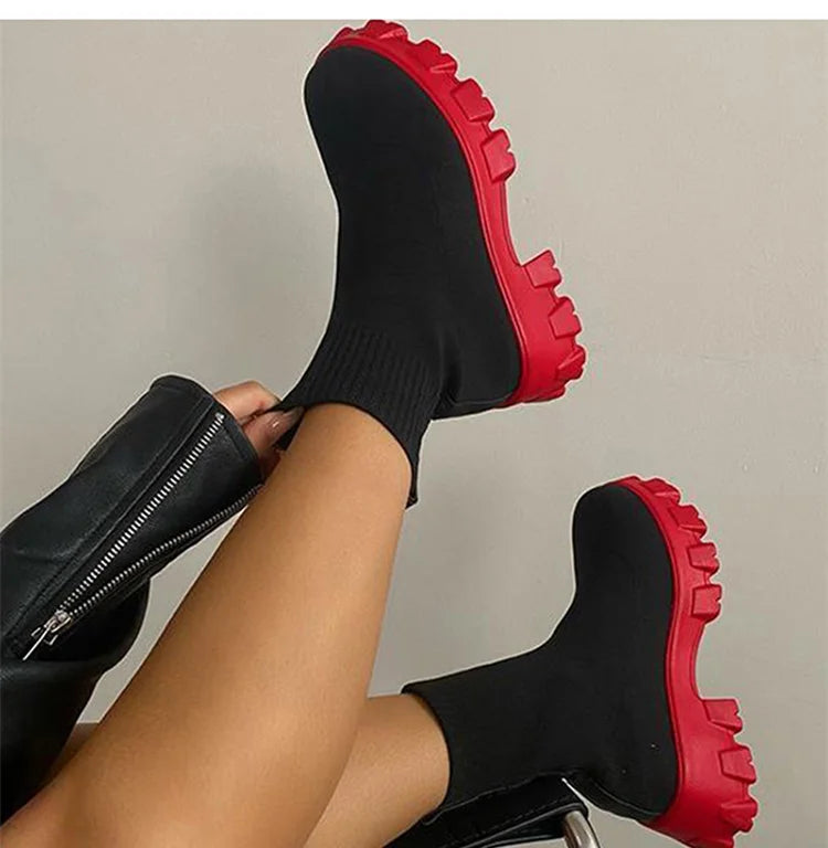 Botas Cortas Mujer Punto Plataforma - Tacón Otoño Invierno Blancas