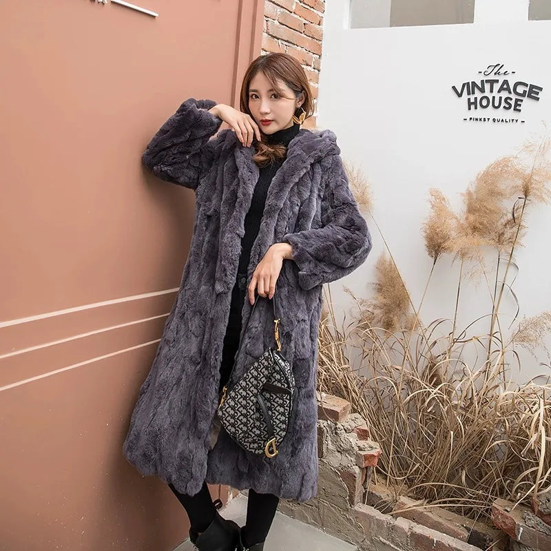 Abrigo Piel Conejo Mujer Capucha - Abrigo Real 110cm Largo Invierno