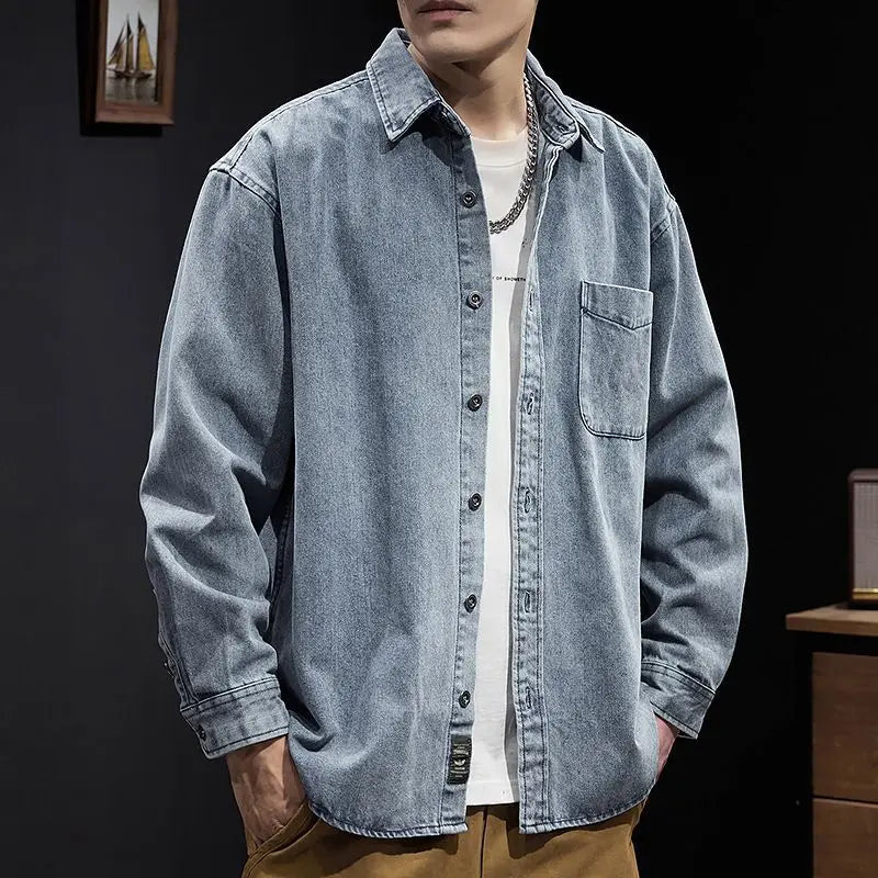 Camisa Denim Hombre Retro Trabajo - Casual Chaqueta Primavera Otoño Azul Manga Larga