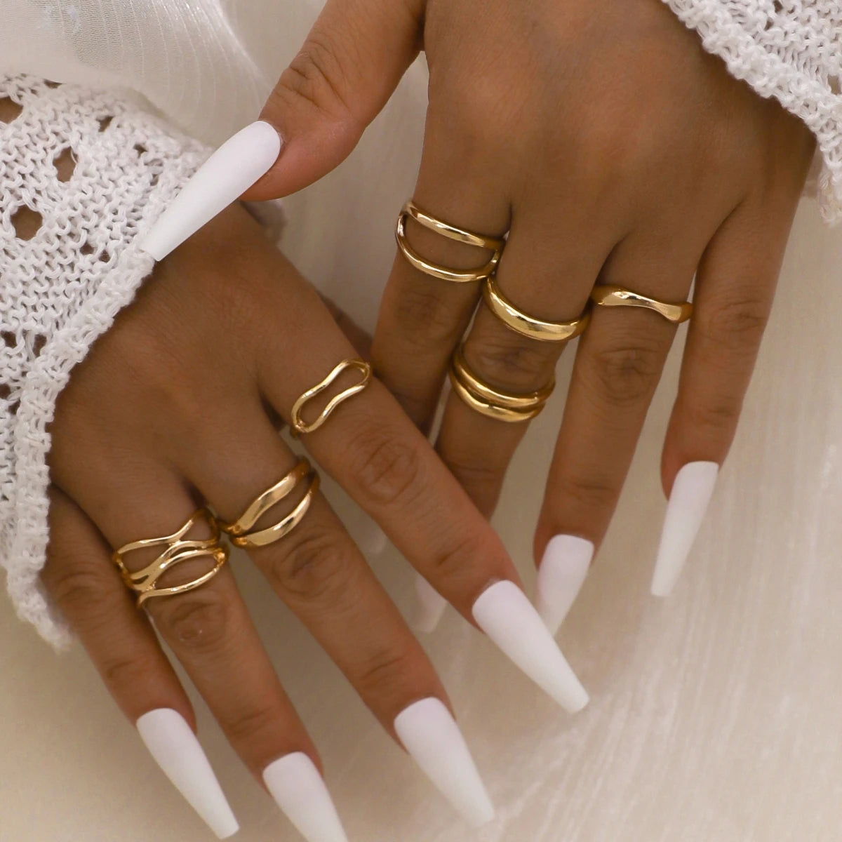 Set 7 Anillos Dorado Gruesos - Minimalistas Cruzados Apilables Mujer