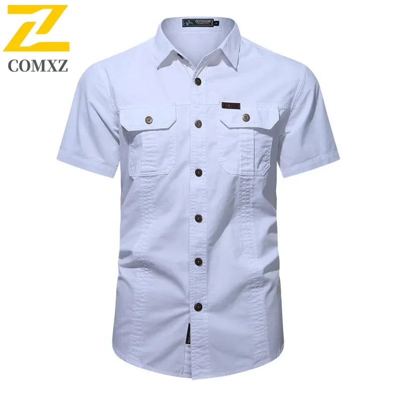 Camisa Hombre Trabajo Cargo 2025 - 100% Algodón Manga Corta Multi-Bolsillos Pesca Caza Verano