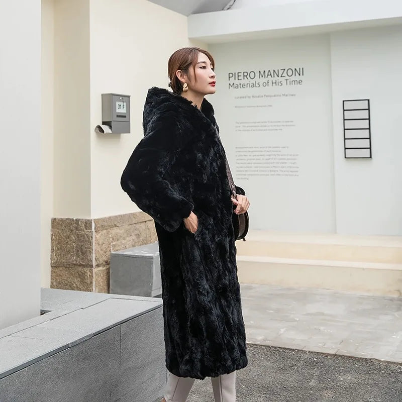 Abrigo Piel Conejo Mujer Capucha - Abrigo Real 110cm Largo Invierno