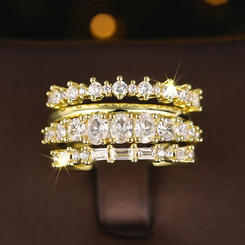 Set 4 Anillos Apilables Circonita - Lujo Trendy Boda Mujer