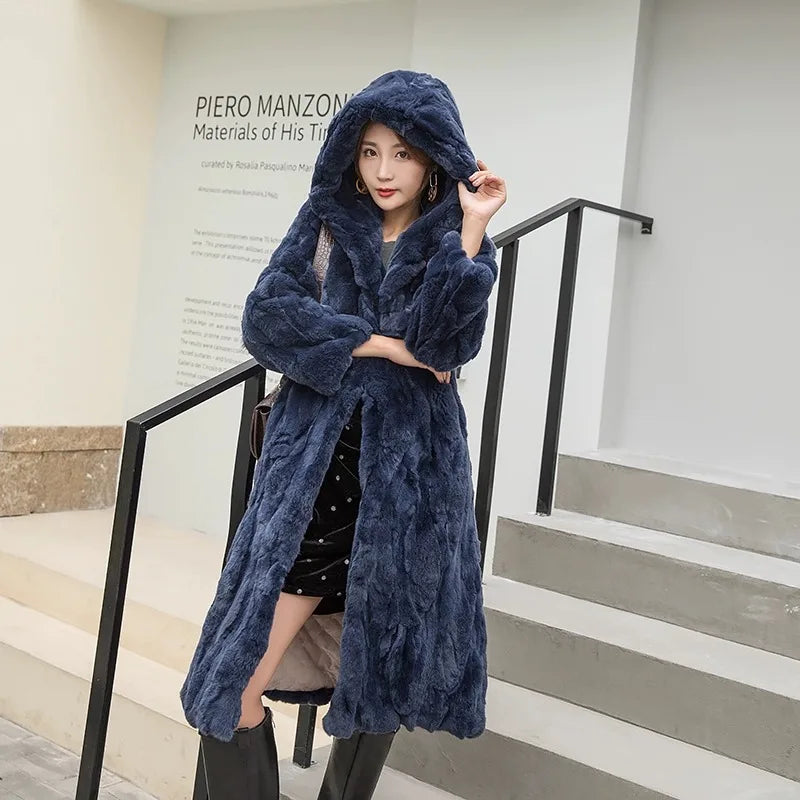 Abrigo Piel Conejo Mujer Capucha - Abrigo Real 110cm Largo Invierno