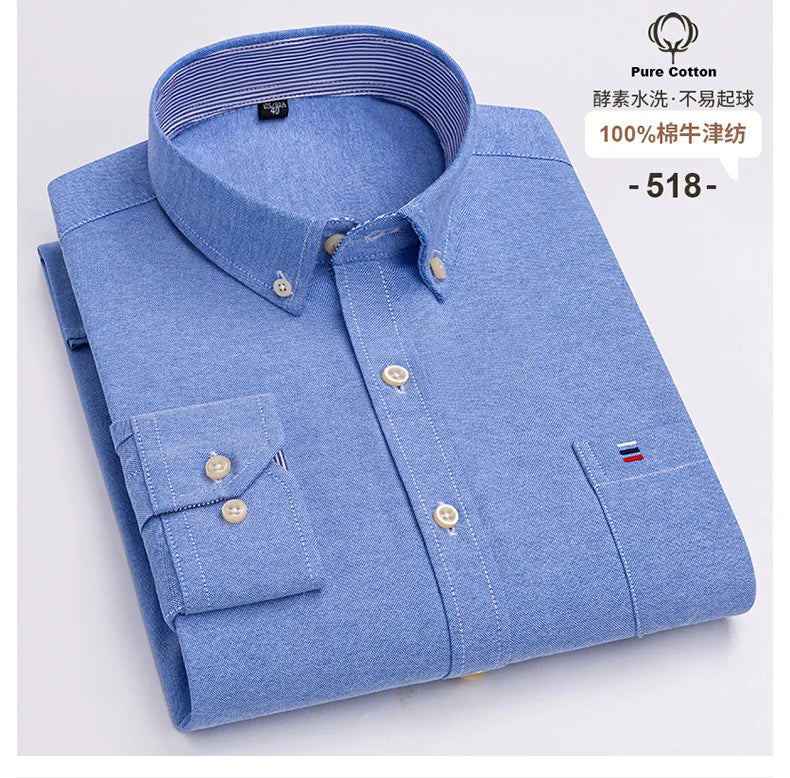 Camisa Hombre Oxford 100% Algodón - Manga Larga Rayas Bolsillo Formal Tallas Grandes