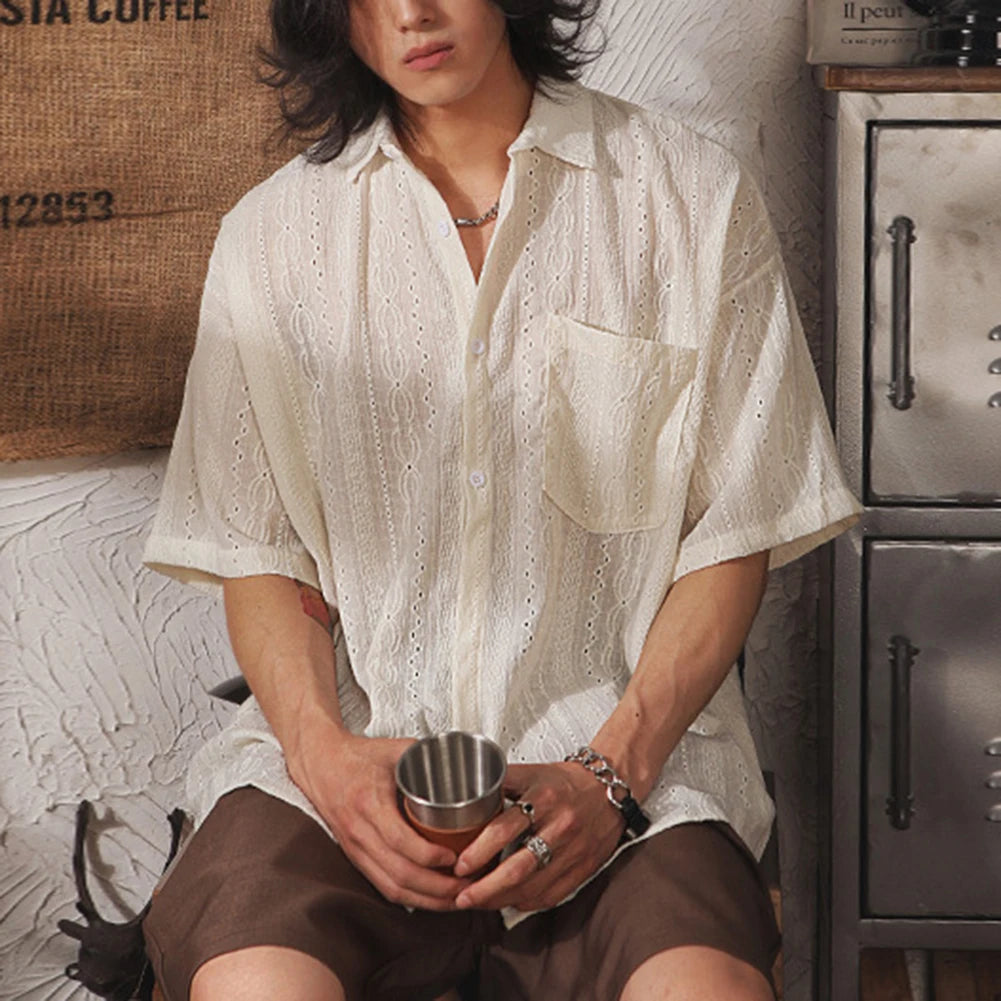Camisa Hombre Casual Suelta Calada Manga Corta - Bolsillos Retro Fashion Vacaciones Diario