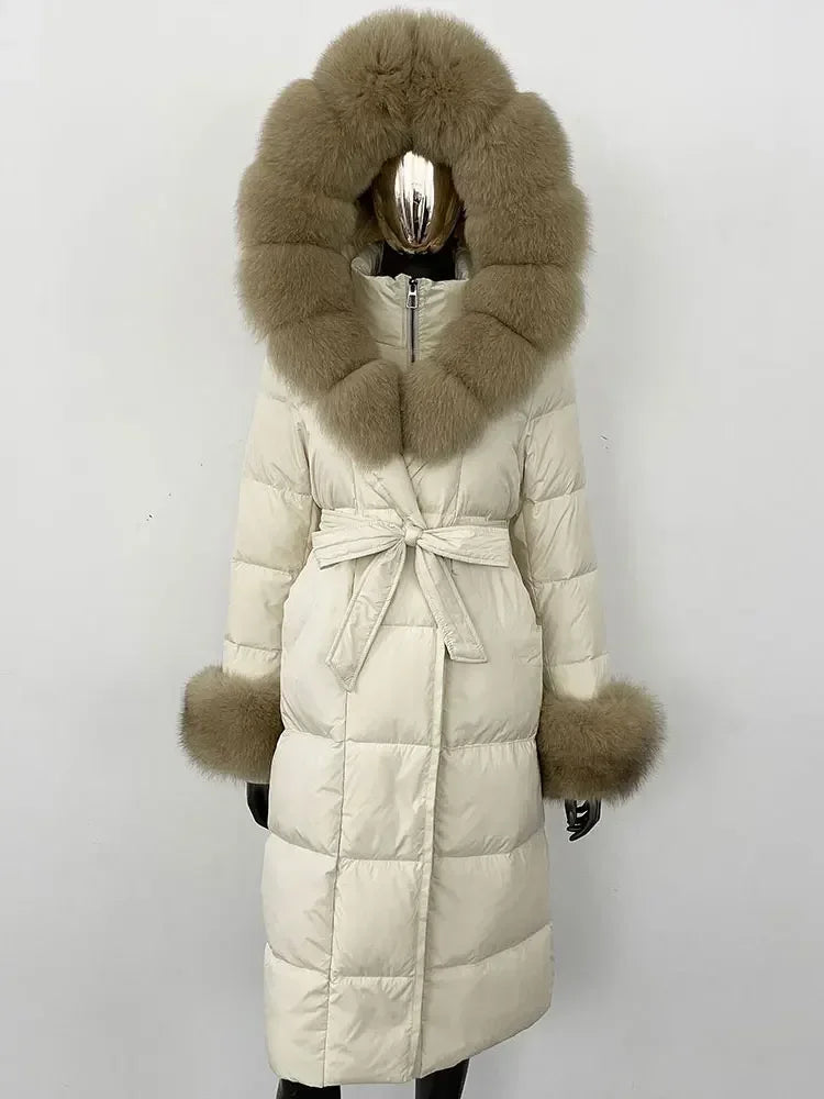 Abrigo Mujer Plumas Pato Piel Mapache - Chaqueta Larga Invierno Lujo
