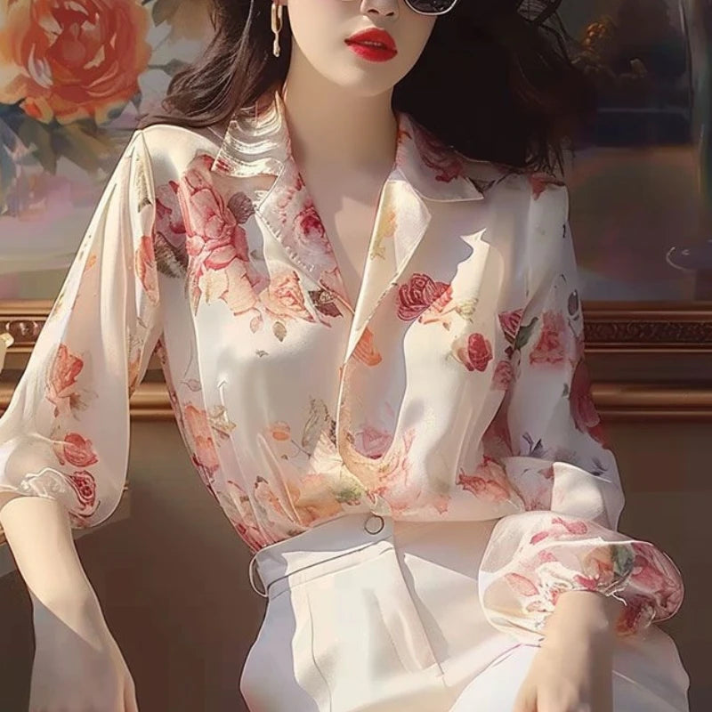 Blusa Mujer Verano Retro 2024 - Camisa Holgada Botones Cuello Alto